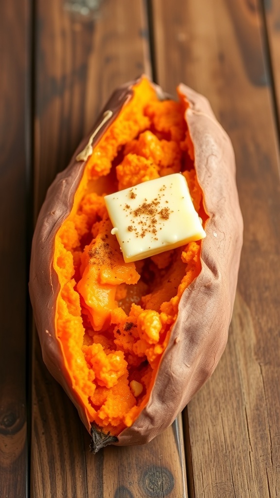 A baked sweet potato with butter and cinnamon on a rustic wooden table.